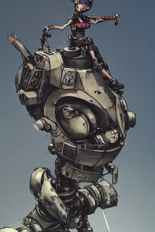 Image similar to Tank girl sitting on top of a anime mecha robot head, elegant, highly detailed, digital painting, artstation, concept art, smooth, flat brush strokes, illustration painted by Ashley wood and Bill Sienkiewicz, balanced composition, medium closeup