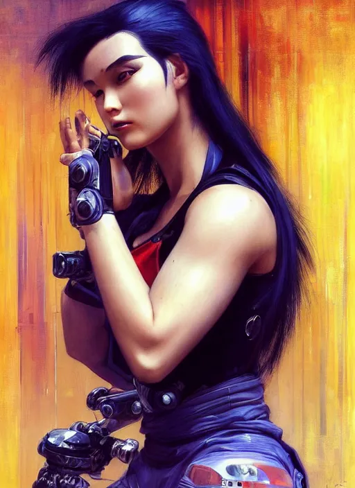 Prompt: Marie Tanaka. Beautiful Cyberpunk mechanic with robotic legs. (Cyberpunk 2077, bladerunner 2049). Gorgeous face. Iranian orientalist portrait by john william waterhouse and Edwin Longsden Long and Theodore Ralli and Nasreddine Dinet, oil on canvas. Cinematic, vivid colors, hyper realism, realistic proportions, dramatic lighting, high detail 4k