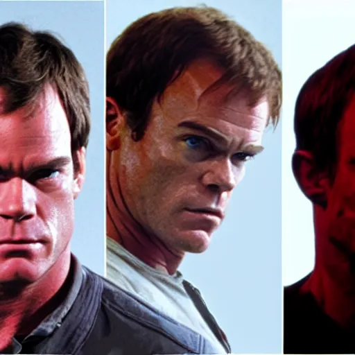 Prompt: dexter morgan as a t - 8 0 0 iconic terminator action movie still
