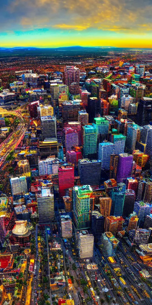 Image similar to hyper realistic photo of calgary city view from the sky, 1 6 k, hyper realistic, fractal art, art station, coherent design, symmetrical, vivid colour, complementary colour, golden ratio, detailed, sharp lines, intricate, rainbow shift, in unreal 3 d engine, ray tracing, octane render