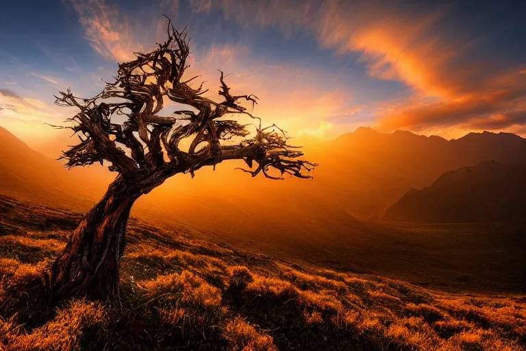 Image similar to A beautiful landscape photography of Ciucas mountains mountains, a dead intricate tree in the foreground, sunset, dramatic lighting by Marc Adamus,