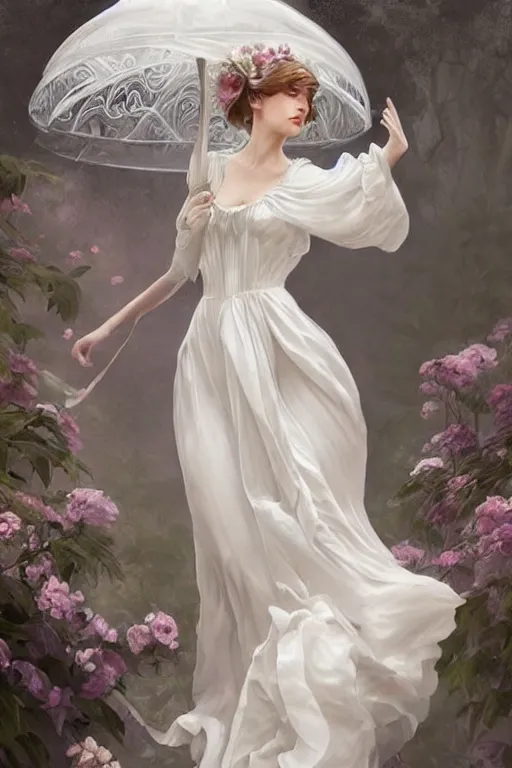 Prompt: beautiful woman dressed in a vaporous wrapped large victorian white roses silk semi-transparent dress fashion is running, D&D, fantasy, intricate, elegant, highly detailed, digital painting, trending on artstation, concept art, matte, sharp focus, illustration, art by Artgerm and Greg Rutkowski and Alphonse Mucha, instagram model