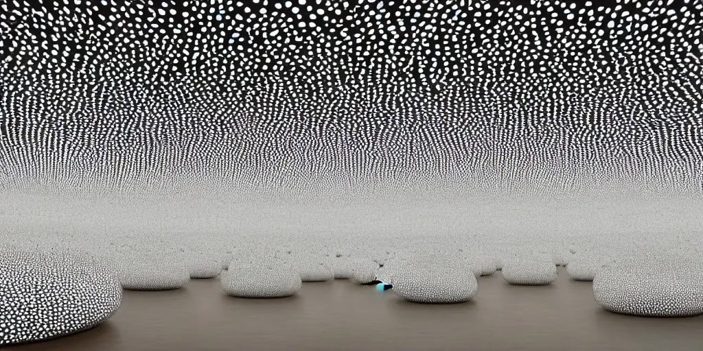 Image similar to Yayoi Kusama huge organic microorganisms lamps levitating on the ceiling no-gravity installation in white empty spacious space, maximum natural texture, white warm illumination, in low fog, 8k resolution, best color graded, vray beautiful, subsurface scatter, hyper-realistic render