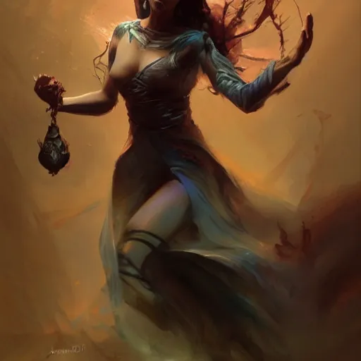 Image similar to a beautiful artwork of a dark sorceress performing magic, by raymond swanland and jesper ejsing, featured on art station, lighting study, concept art, beautiful composition, rim light, face study