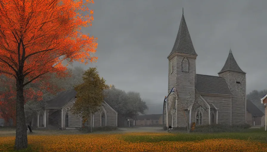 Image similar to small midwest town in autumn, church, leafs, grey sky, square, trees, hyperdetailed, artstation, cgsociety, 8 k