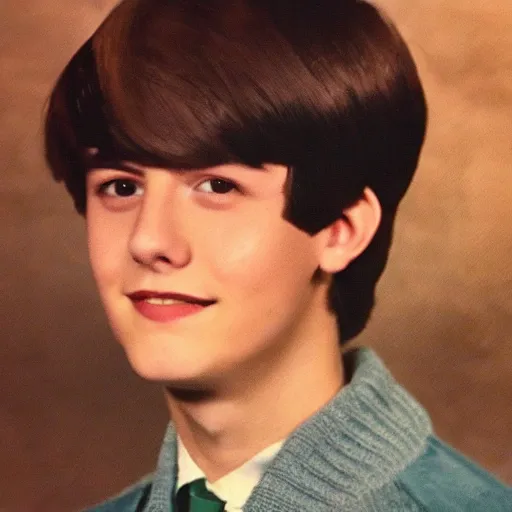 Prompt: a yearbook photo taken waist up of Jughead Jones in 1966, his eyes are closed and he is wearing a turtleneck sweater with a line in the shape of the letter S on it