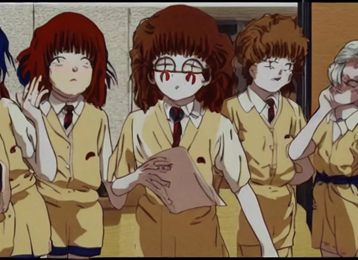 Image similar to screenshot from guro anime, 8 0's horror anime, yellowed grainy vhs footage with noise, four schoolgirls trapped in a bathroom, bathroom stalls and sinks and tiled floor, girls are in beige sailor school uniforms, one girl has white hair, detailed expressive faces, various hair colors and styles, in the style of ghibli,