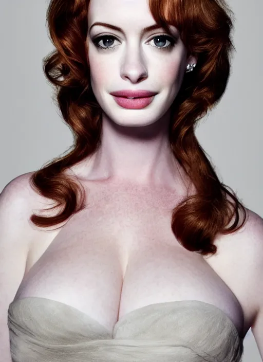 Image similar to portrait of beautiful christina hendricks and anne hathaway hybrid by mario testino, headshot, detailed, award winning, sony a 7 r