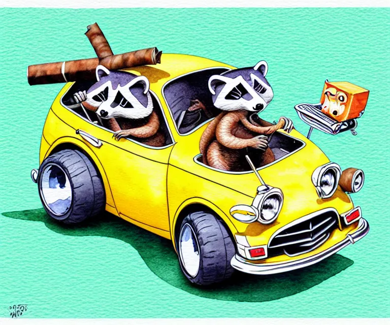 Image similar to cute and funny, ( racoon [ smoking cigar ] ) riding in a tiny hot rod with oversized engine, ratfink style by ed roth, centered award winning watercolor pen illustration, isometric illustration by watercolor girl, edited by range murata, tiny details by artgerm, symmetrically isometrically centered