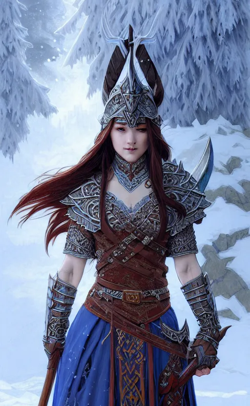 Image similar to azure viking warrior, regal, elegant, winter, snow, beautiful, stunning, hd, illustration, epic, d & d, fantasy, intricate, elegant, highly detailed, wide angle, digital painting, artstation, concept art, smooth, sharp focus, illustration, wallpaper, art by artgerm and greg rutkowski and alphonse mucha and jin xiaodi