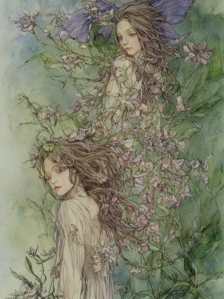 Prompt: annotated study of a flower fairy, illustration, watercolor, alan lee, detailed, pretty, ethereal,