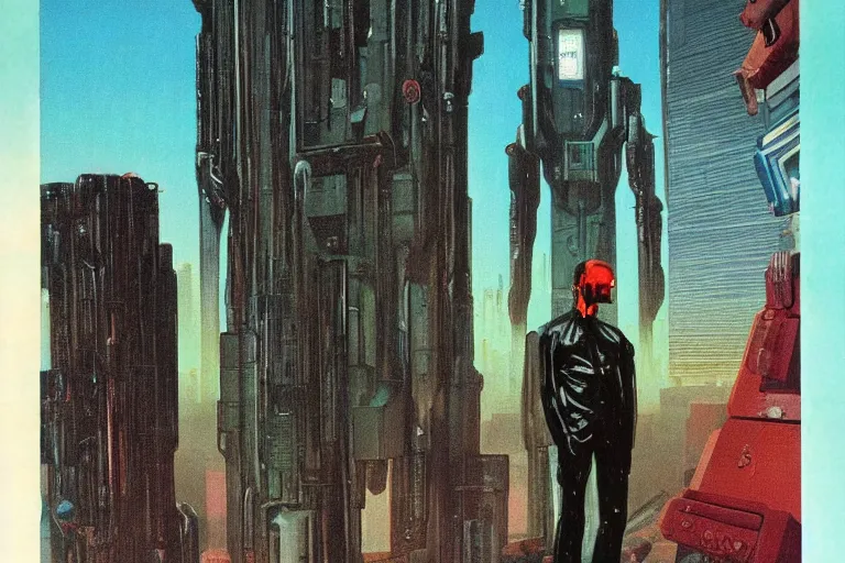 Image similar to 1979 OMNI Magazine Cover depicting a tall creepy man standing in a lair. Cyberpunk Akira style by Vincent Di Fate