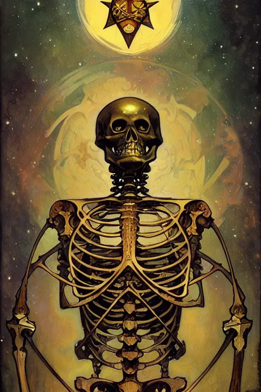 Image similar to a steampunk skeleton holding a star, tarot art, painting by greg rutkowski, alphonse mucha