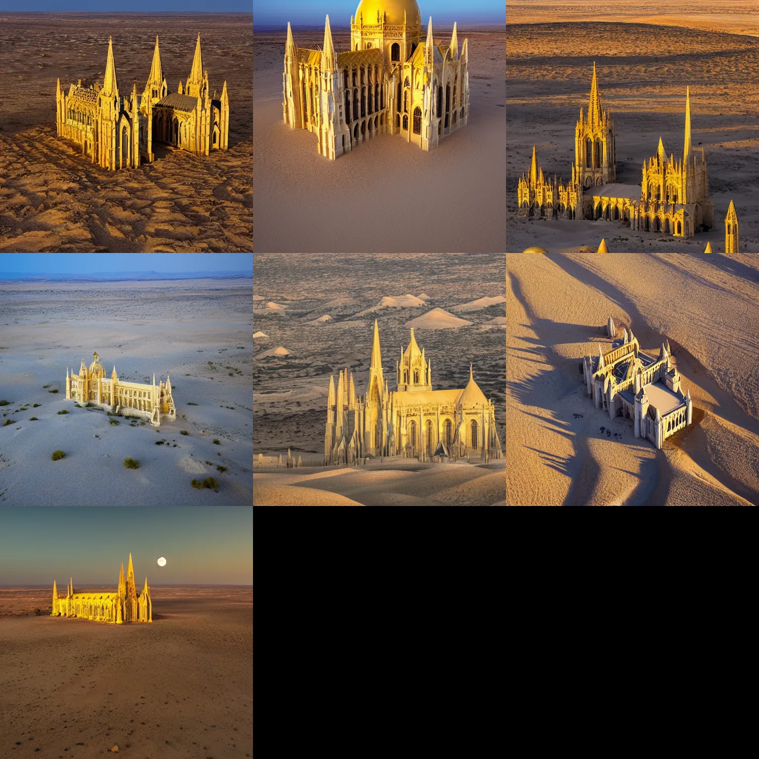 Prompt: gothic cathedral made of gold in a desert plateau o top of a sandhill surrounded by marble houses,view from above,8k,full moon,night time