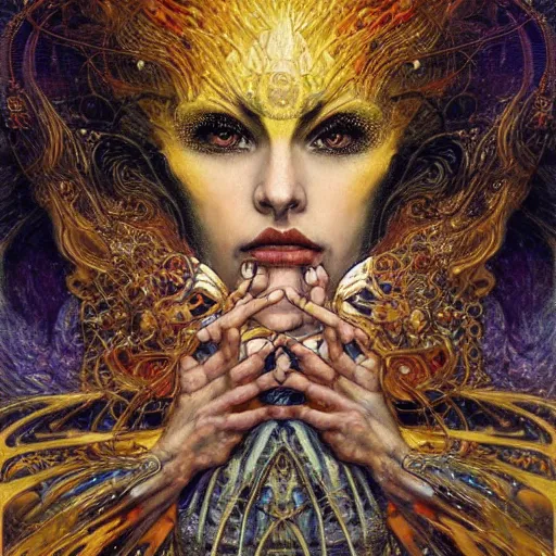 Image similar to Divine Chaos Engine by Karol Bak, Jean Deville, Gustav Klimt, and Vincent Van Gogh, beautiful visionary mystical portrait, sacred, otherworldly, fractal structures, ornate gilded medieval icon, third eye, spirals, handless, no hands