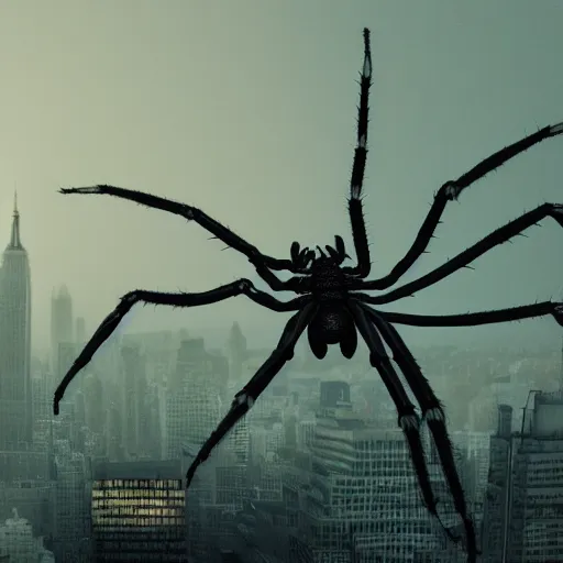 Image similar to giant spider invading new york, night, fog, 8 mm, 3 d render, octane render, cinema 4 d