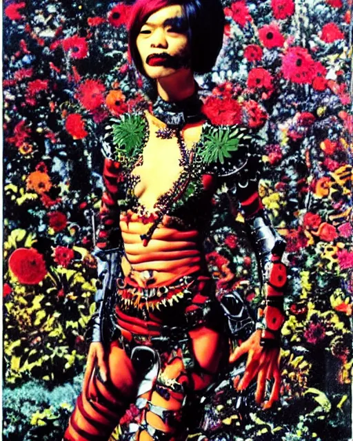 Image similar to portrait of a skinny punk goth yayoi kusama wearing armor by simon bisley, john blance, frank frazetta, fantasy, thief warrior, floral flowers colorful