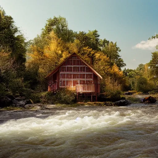 Image similar to a movie still of a river running past a cottage, by wes anderson, cinematic, uhd, 8k,