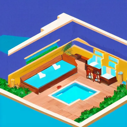 Image similar to an isometric painting of a beautiful interior design, beach, resort,