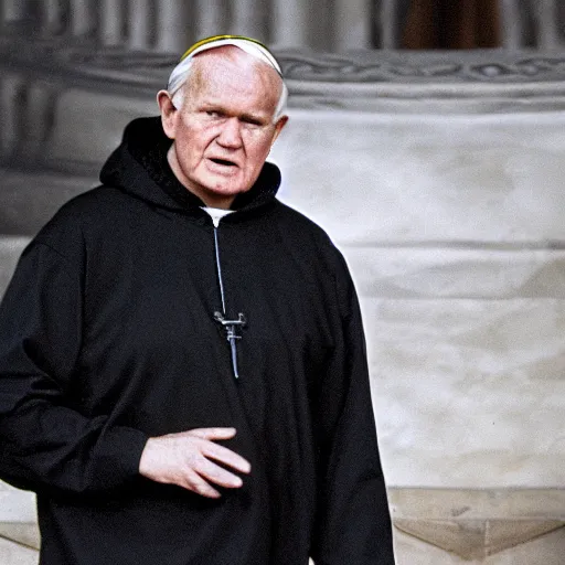 Image similar to john paul ii standing in a black hoodie, black cargo pants and high black boots