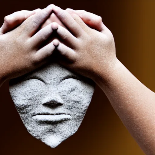 Image similar to hands holding a face made of sand vanishing, photorrealistic, 8 k