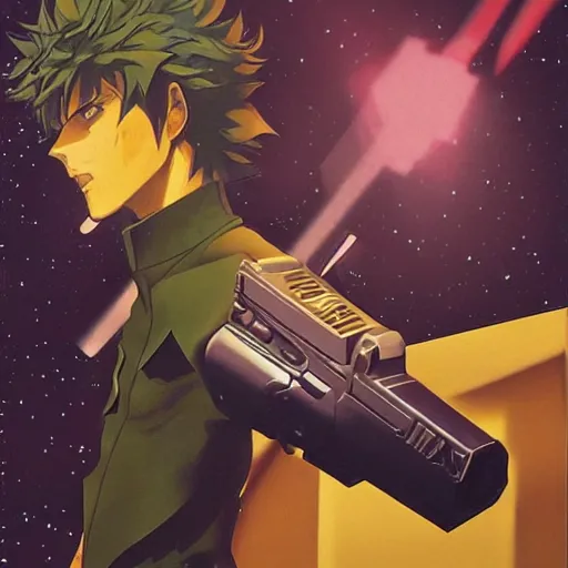 Image similar to , spike from anime cowboy bebop holding two handguns looking into the distance of space, physically accurate, dynamic lighting, intricate, elegant, highly detailed, very very Roberto Ferri, sharp focus, very very unsettling, very terrifying, illustration, art