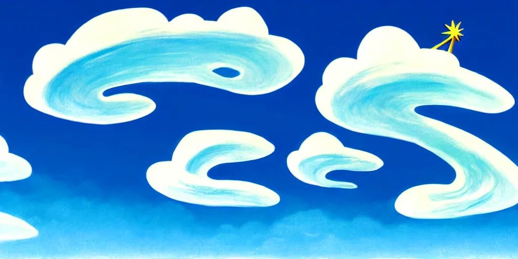 Image similar to cartoon concept art, clean blue sky, spiral clouds, from dr. seuss