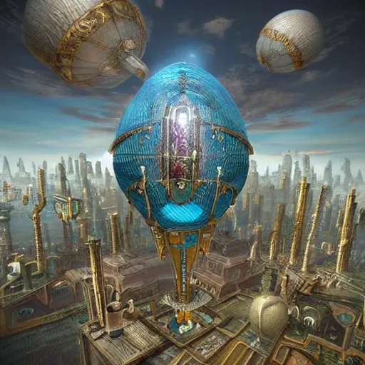 Image similar to enormous flying city!!! in a gigantic faberge egg, sky!!, steampunk, floating islands, fantasy art, unreal engine,