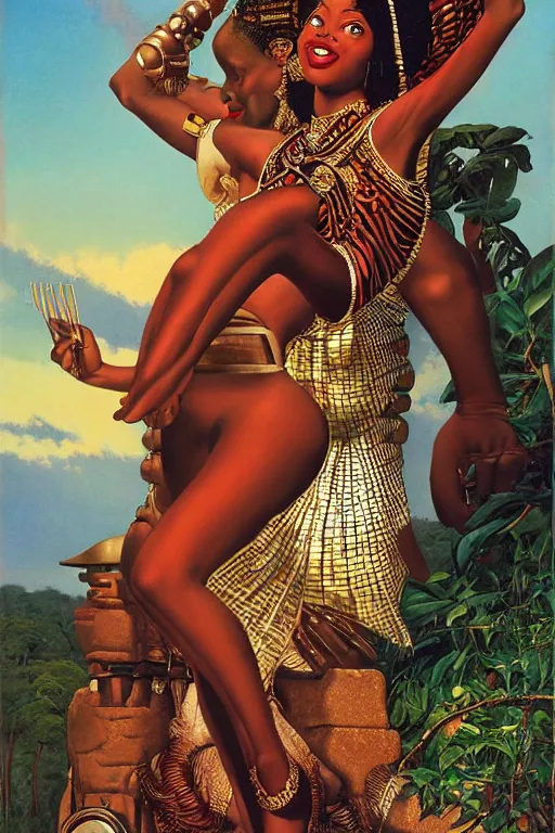 Image similar to an african goddess queen in 2 3 0 0 by gil elvgren and norman rockwell and rob gonsalves and hajime sorayama, hyperrealistic, high detail