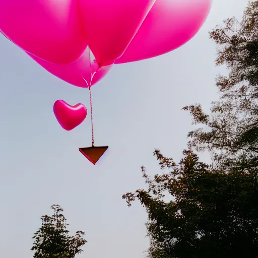 Prompt: a 5 0 mm lens photograph of a cute pink floating modern house in the air, held up one heart shaped vibrant ballon, inspired by the movie up. mist, playful composition canon, nikon, award winning, photo of the year