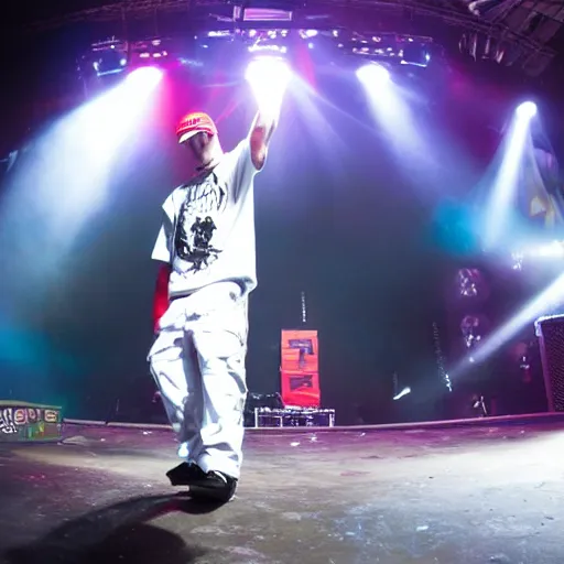 Image similar to Limp Bizkit concert, Fred Durst skateboards on stage, Realistic, HDR, Clear Image, HDD, RTX ON, Dynamic Lighting,