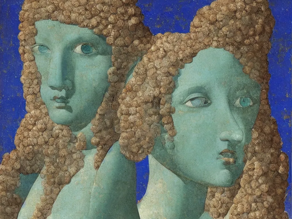 Image similar to greek sculpture of head with inlaid crystal eyes lying in the sand. lapis - lazuli, turquoise, malachite, cinnabar, earth brown. painting by piero della francesca, balthus, agnes pelton