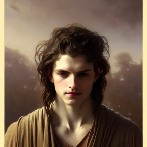 Image similar to portrait painting of a pale serious young man with soft face and medium brown wavy hair wearing armor, ultra realistic, small orbit, concept art, intricate details, eerie, highly detailed, pursed lips, melancholy expression, photorealistic, wide upturn nose, prominent chin, octane render, 8 k, unreal engine. art by artgerm greg rutkowski alphonse mucha