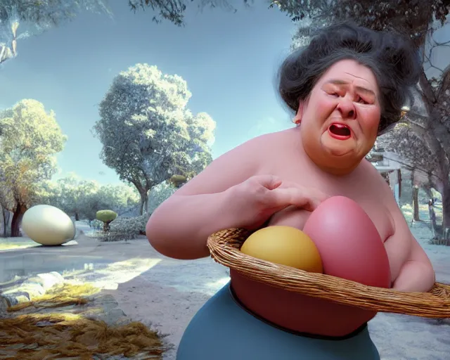 Prompt: of a very beautiful scene. ambient occlusion render. a sweet fat old woman is nursing a beautiful colorful huge egg. hyper realistic. 4 k. wide angle. baroque style. wild. symmetrical face, red mouth, blue eyes. deep focus, lovely scene. ambient occlusion render. concept art. unreal engine.