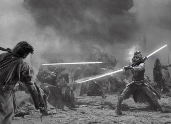 Prompt: film still of 3 5 mm cinematography, film atmosphere, atmospheric haze, kurosawa ronin in star wars return of the jedi, action battle scene sword fight