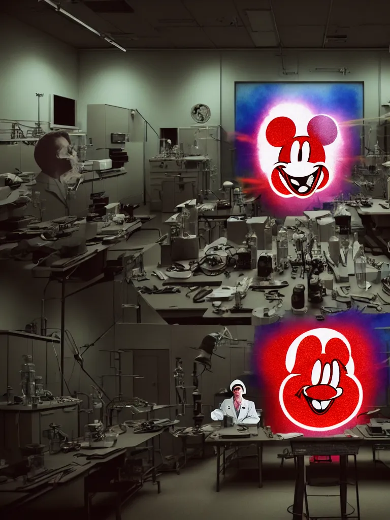 Image similar to hyperrealistic photo of evil scientists in military laboratory, single giant destroyed mickey mouse face, netflix logo, military base, colored gels, studio photography, 3 5 mm film look by denis villeneuve