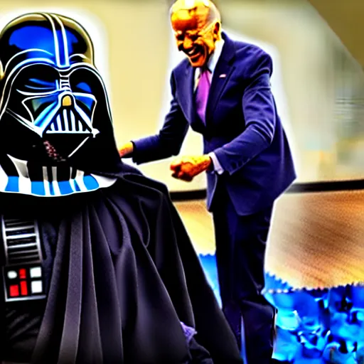 Image similar to “ joe biden getting earth vader helmet put on by machine in pod ”