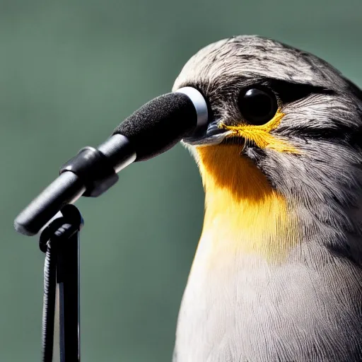 Image similar to A photograph of a bird wearing headphones and speaking into a microphone