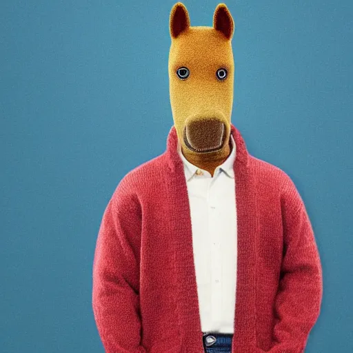 Image similar to Bojack Horseman in real life, A horse wearing a cardigan and jeans, photo