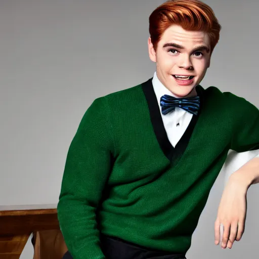 Prompt: Archie Andrews wearing a green bow tie and a black sweater with a letter R on it