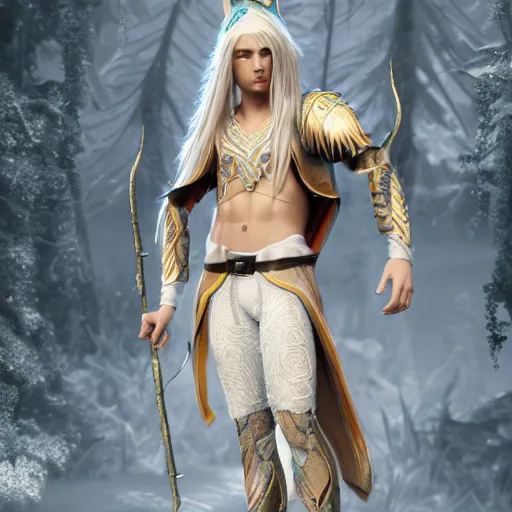 Image similar to a highly detailed male elf in full length, with white long hair, white clothes, bright blue eyes, artstation, DeviantArt, professional, octane render