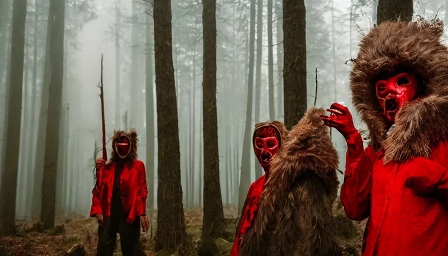 Prompt: high realistic photo portrait of esoteric tribes members with taxidermic flesh bloody jaw mask and elaborate red clothes in a foggy forest, cinestill 800t 35mm, heavy grain, high quality,