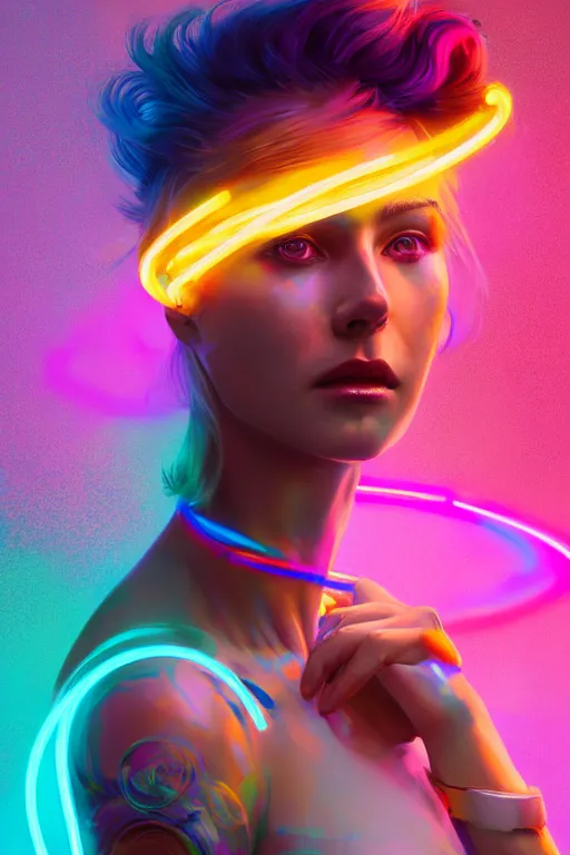 Image similar to a award winning portrait of a beautiful woman with stunning eyes in a one off shoulder crop top and cargo pants with rainbow colored hair, outlined by whirling illuminated neon lines and fine lines swirling in circles by greg rutkowski, digital art, trending on artstation