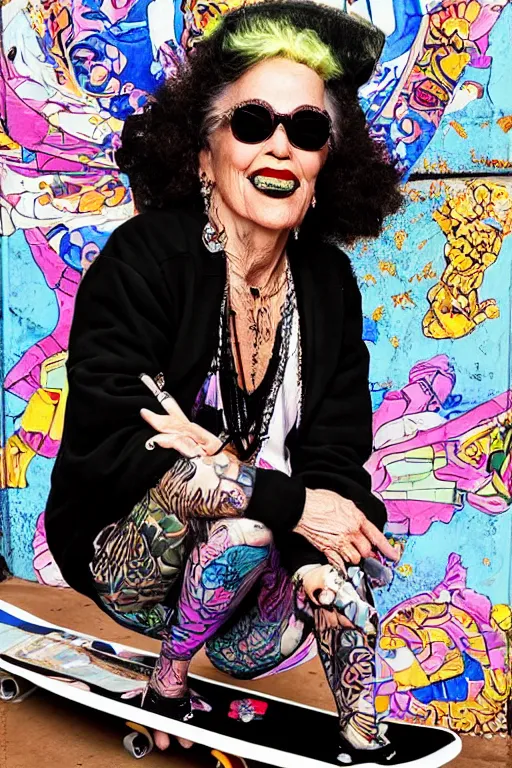 Image similar to a portrait of a fashionable gran on a skateboard in los angeles, in the style of david lachapelle