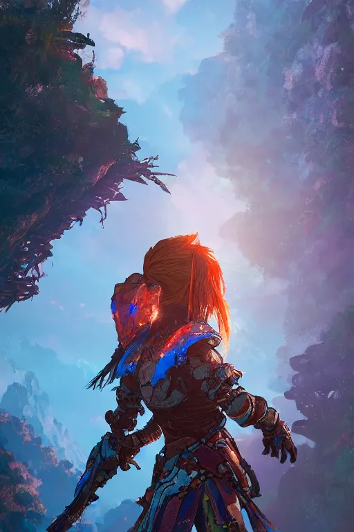 Image similar to combination suit armor aloy horizon forbidden west horizon zero dawn radiating a glowing aura global illumination ray tracing hdr fanart arstation by ian pesty and alena aenami artworks in 4 k tribal robot ninja mask helmet backpack