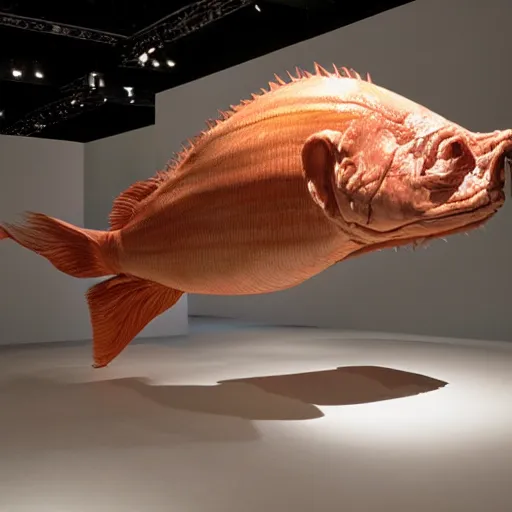 Prompt: praying man fish chimera, ron mueck masterpiece in exhibition