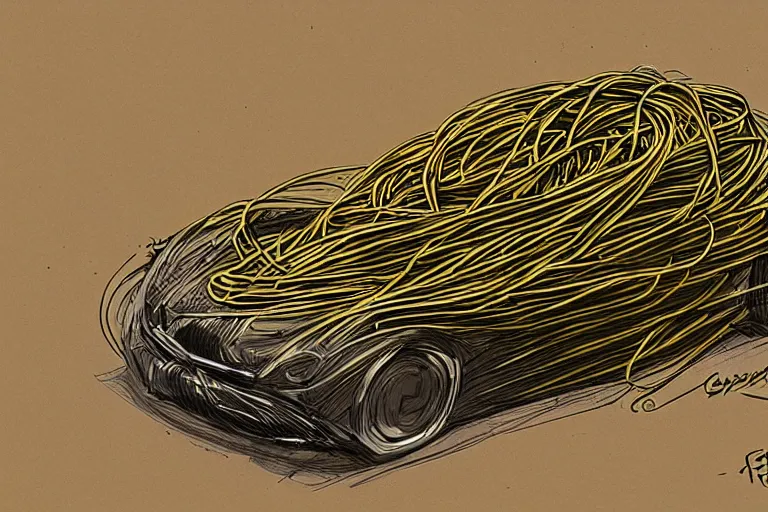 Image similar to car made of spaghetti, concept art