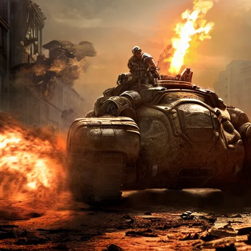 Image similar to a 'Blastoise Tank' in 'Gears of War', splash art, movie still, cinematic lighting, detailed face, dramatic, octane render, long lens, shallow depth of field, bokeh, anamorphic lens flare, 8k, hyper detailed, 35mm film grain