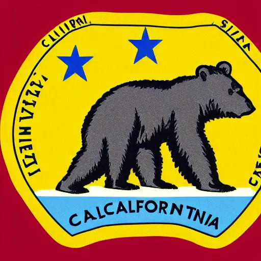 Image similar to California state flag with a robot riding on top of the bear