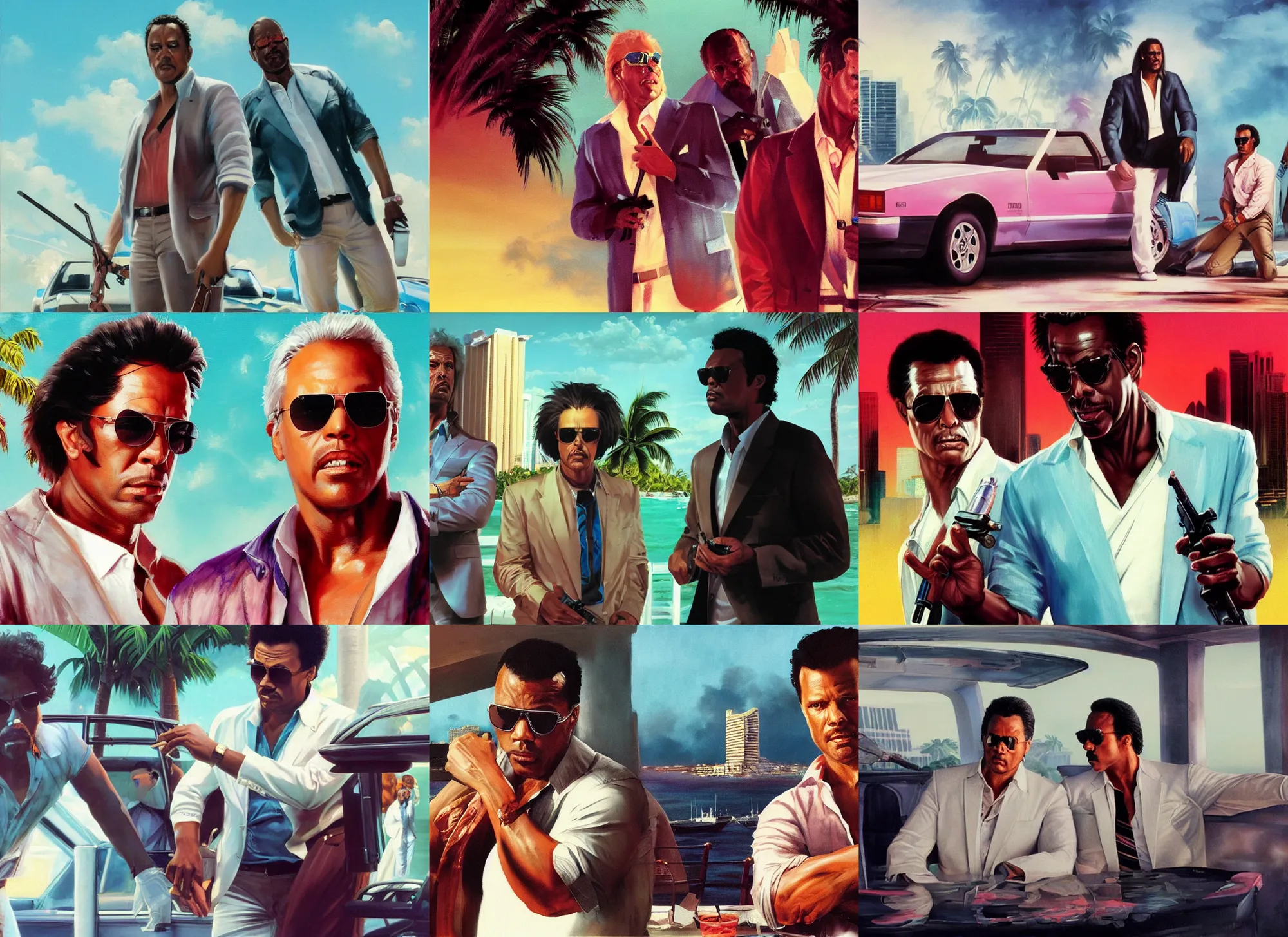 Prompt: painting of crockett and tubbs in eighties miami vice, ultra realistic, highly detailed faces, true life, 8 k, masterpiece, cinematic, by frank frazetta, greg rutkowski, yoko taro, christian macnevin, beeple, wlop, krenz cushart, epic character art, dramatic lighting